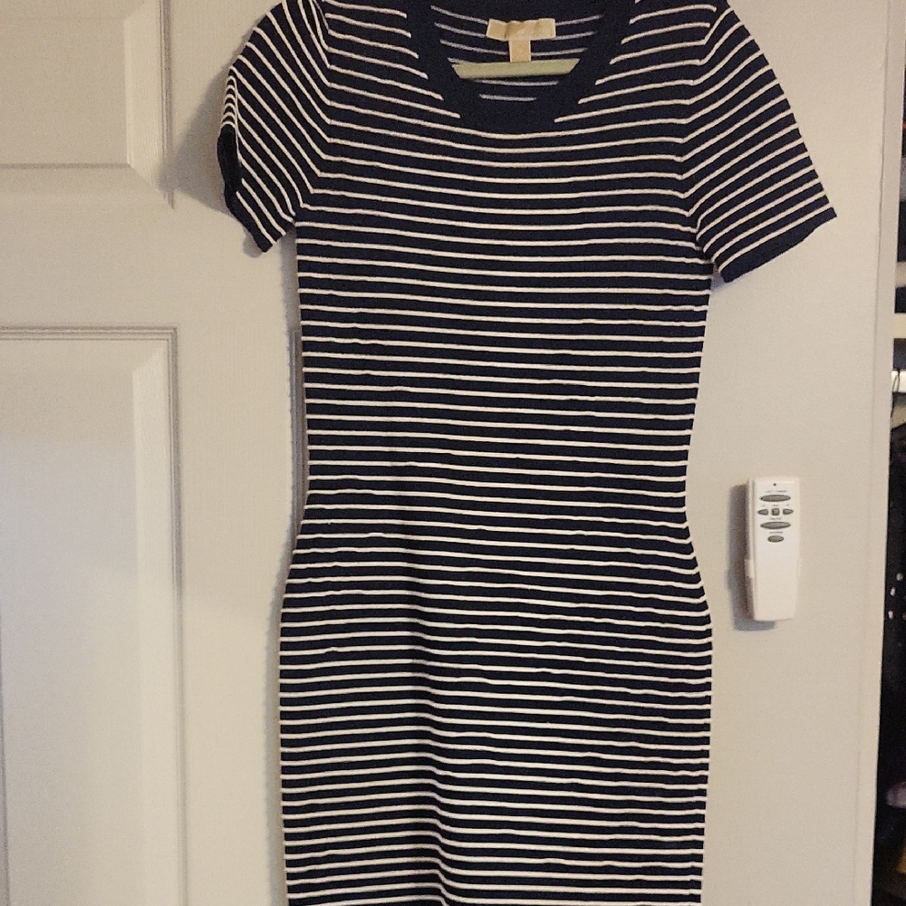 Michael Kors Navy and White Striped Short Sleeve Knit Mini Dress